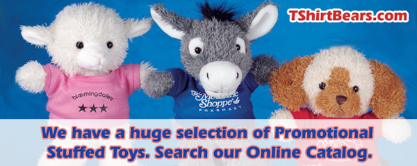 Promotional stuffed animals with printed T-Shirts. Buy dogs, cats, wolves, bears and tigers.